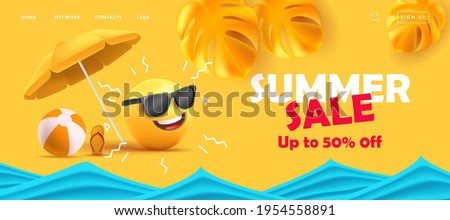 Summer sale poster with 3d smile in sunglasses under sun umbrella with tropical leaves and sea waves with sale discounts copy