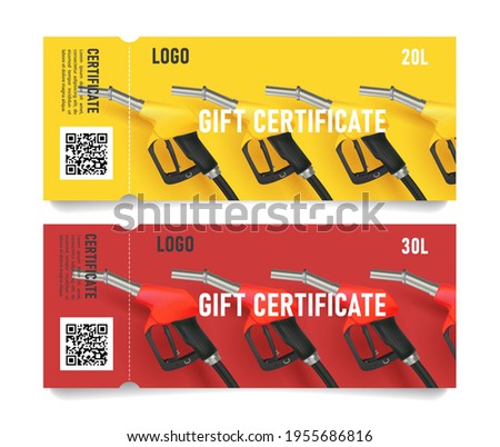 Set of cards with fuelling 3d nozzel illustration, modern gift certificate for gas station on bright yellow and red with same color refueling gadget and torn off part
