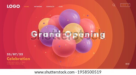 Grand opening web banner for circus grand opening with bunch of round air balloons on red background with circles spreading from center with interface elements