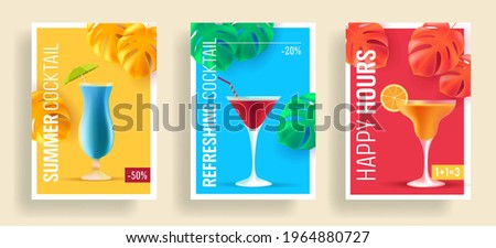 Summer sale posters with promo deals for alcohol cocktails, realistic 3d illustrations, different shape glasses with umbrella and tropical leaves, happy hour promo for bar