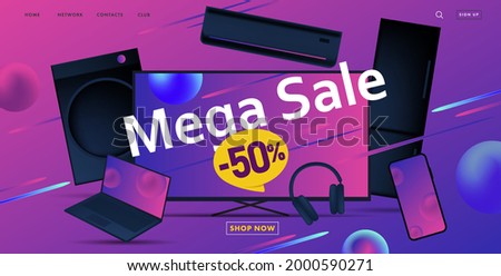 Mega sale advertiving banner with 3d illustration of dofferent home and smart electronic devices, discount up to fifty
