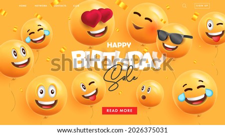 Birthday web banner for landing page promo ad with festive 3d round balloons with happy smiling faces expressions and confetti