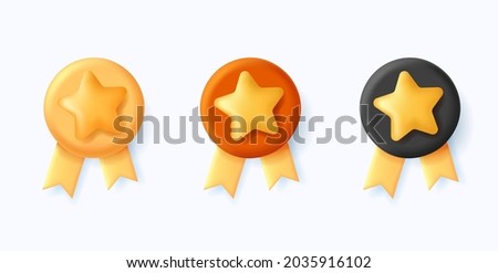 set of 3d medals, round emplem with star and ribbon, isolated