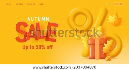 Autumn sale web banner with 3d render illustration of gift box and autumn leaves with mono chrome big percent sign with typography