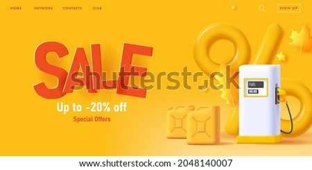 Sale banner for gas station with lpg equipment and fuel canisters with pig percent sign and seasonal autumn leaves