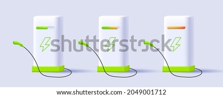 Set of electro station equipment, white 3d render illustration of auto charging with plug and socket, digital icon render style