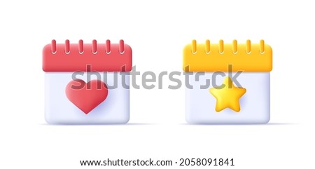3d calendar icons with heart and star shapes in red and yellow colors, render graphic style, isolated