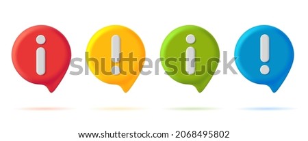 Set of 3d digital icons with info and warning notification sign in different colors