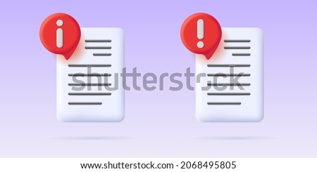3d illustration set of document icon with info tag and error notification