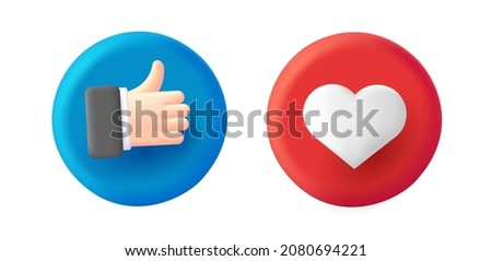 3d icons, volume thumb up gesture and heart as likes on red and blue circles