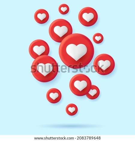Social media likes in shape of red circles with hearts inside forming cloud flying to the top, 3d render ilustration on blue backdrop