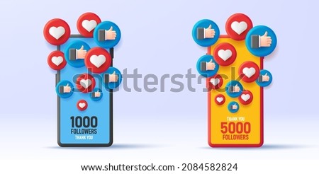 3d smartphone illustration with volume bubbles with like as thumb up and hearts with number of followers label on the screen, social media icon