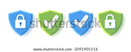 Set of security icons with 3d shield shape with tick sign and padlock on green and blue backdrops