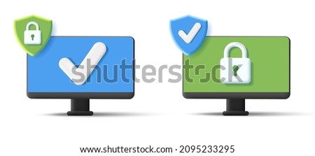 Desktop icon with cyber protection symbols of shield with padlock, 3d illustration