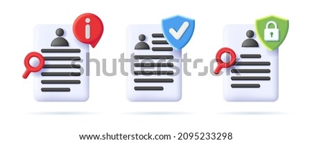 Set of Document Security 3d Icon, user profile page with shield and padlock and info icon