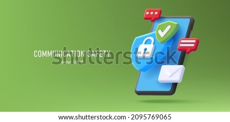 Web banner with 3d render illustration od a smartphone with protection shield with padlock and notification bell and envelope, mobile securirty