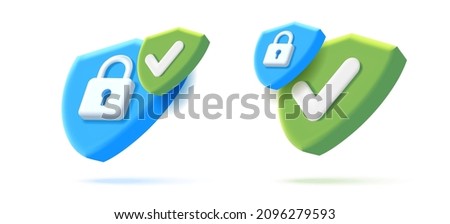 Set of digital security icons with 3d shield shape with padlock, two isometric 3d render illustrations in blue and green colors