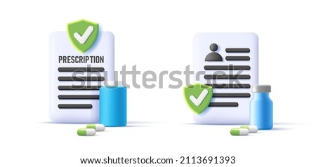 3d prescription rx with pills and medicines. Doctor's paper form, diagnosis, medical list with medications. The concept of prescribing a dose of pills, capsule, icon set