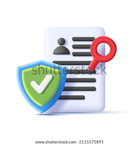 Security icon with 3d composition of profile page with shield and magnifying glass, isolated