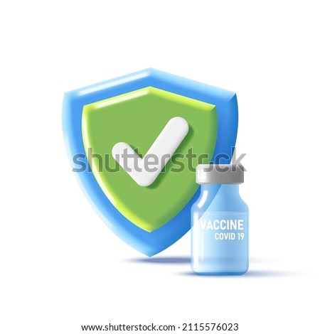 Digital 3d icon od a shield with covid 19 vaccine transparent bottle, 3d graphic