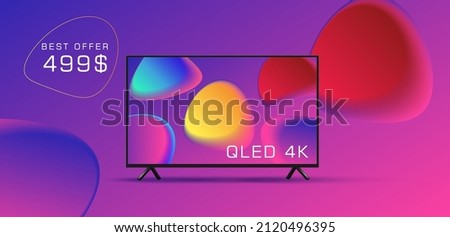 Web promo banner with smart TV set or monitor 3d illustration with bright fluid shapes wallpaper on it and special price offer in violet colors