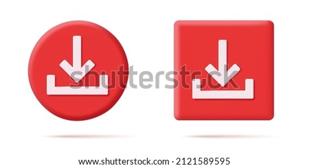 Set of download icon button on round and square shapes with down pointing arrow, 3d volume element, isolated