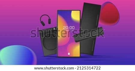 Promo banner with illustration of a smartphone and connected home electronics as washing machine and fridge, air conditioner and headphones