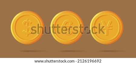 Set of golden coins of dollar, euro and yuan, 3d volume money