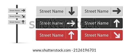 City navigation road signposts set with street name and directions, pillar with three signs