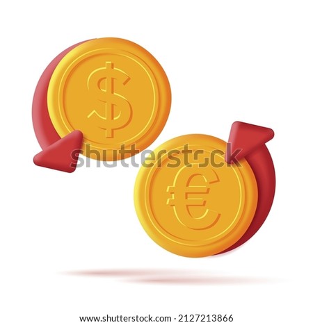 Currency coins with red arrows up adn down, euro and dollar money change rate 3d render icons