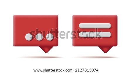 set of message icon, red 3d soft render shapes with pointer and three dots as typing or lines as text compsition