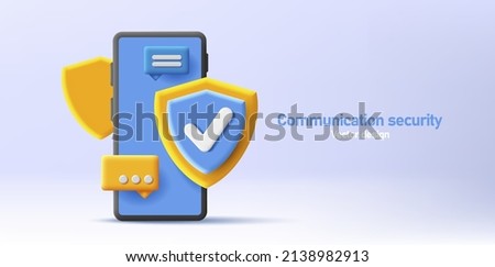 3d render illustration of a smartphone with shield and messages, a concept of security and privacy, safe chat, protection