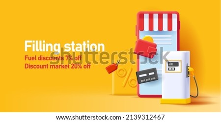 Web banner with 3d illustration of a smartphone application for gas station with payment options