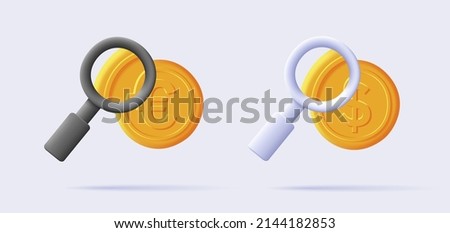 Set of digital 3d icons of a magnifying glass with golden money euro and dollar coin