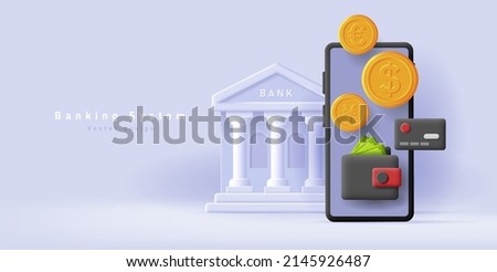 3d illustration of a smartphone with money wallet and counts and credit card with bank building on the background. Vector illustration