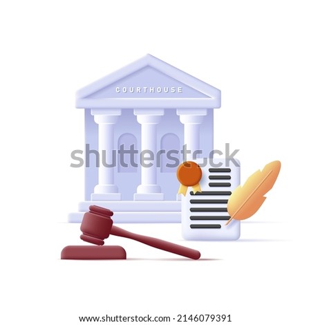 Web digital icon of a court building with document and judge hummer. Vector illustration, isolated