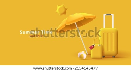 Summer holiday 3d illustration with suitcase and bag, sun umbrella, yellow mono chrome. Vector illustration