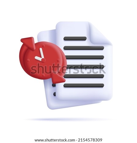 Temporary file 3d icon with paper document and red stopwatch. Vector illustration