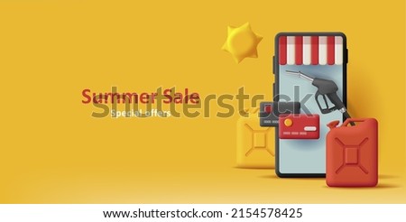 Web summer promo banner for application for gas station with 3d smartphone illustration with fuel canisters and gas nozzle. Vector black illustration