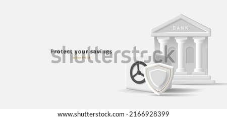 3d illustration of bank building icon with safe box and security shield