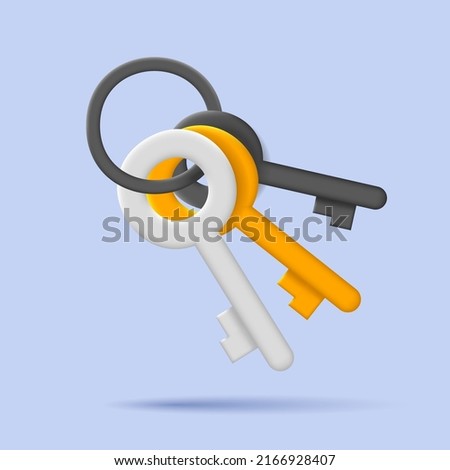 Bunch of keys 3d illustration, set of tree keys in different colors