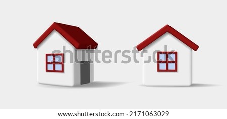 3d house icon, white building with red roof. Vector illustration