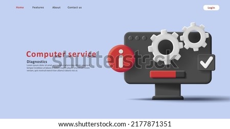 3d icon of computer service with cogwheels, website banner. Vector illustration