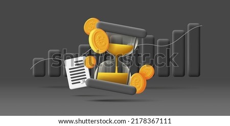 3d illustration of sand clock with contract document and golden coins, black cartoon style. Vector illustration