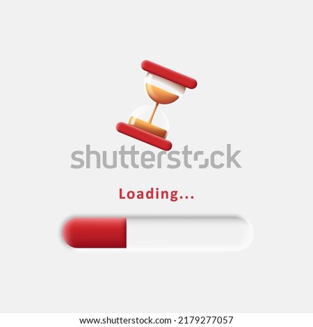 3d illustration of 3d loading bar with glass sand clock icon, red and white colors. Vector illustration