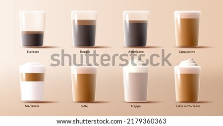 Collection of coffee types in glass cup, cappuccino, espresso and latte, 3d render graphic. Vector illustration