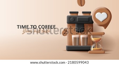 3d illustration of coffee machine with glass clock and mugs, time for coffee banner. Vector illustration