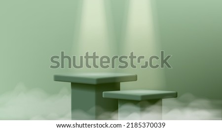 product podium 3d illustration, two green square pillars with spotlight and clouds. Vector illustration