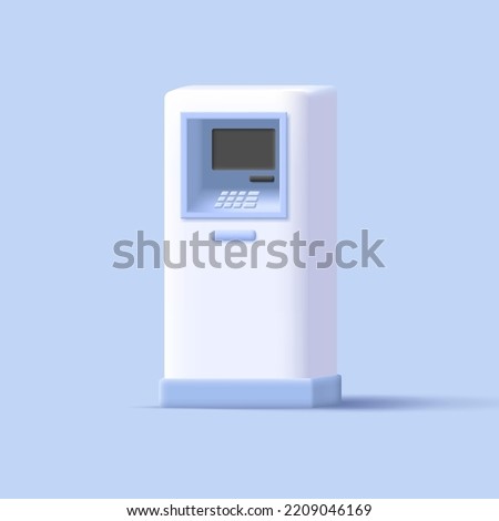 3D cartoon white and blue ATM machine, realistic screen and buttons