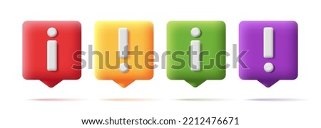 Set of 3d square digital icons with info and warning notification sign in different colors